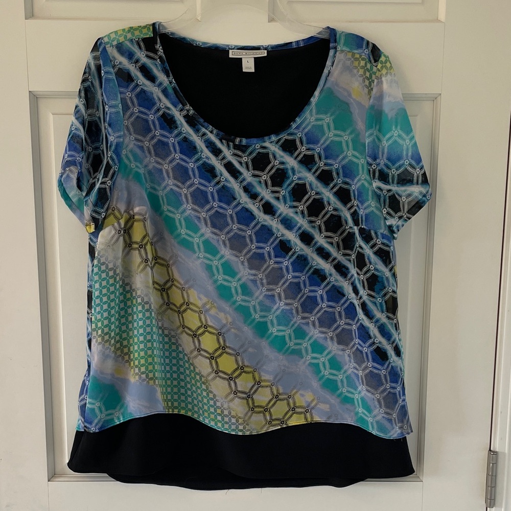 Dana Bachman Sheer Blue and Green Geometric Blouse over Black Sleeveless Tank